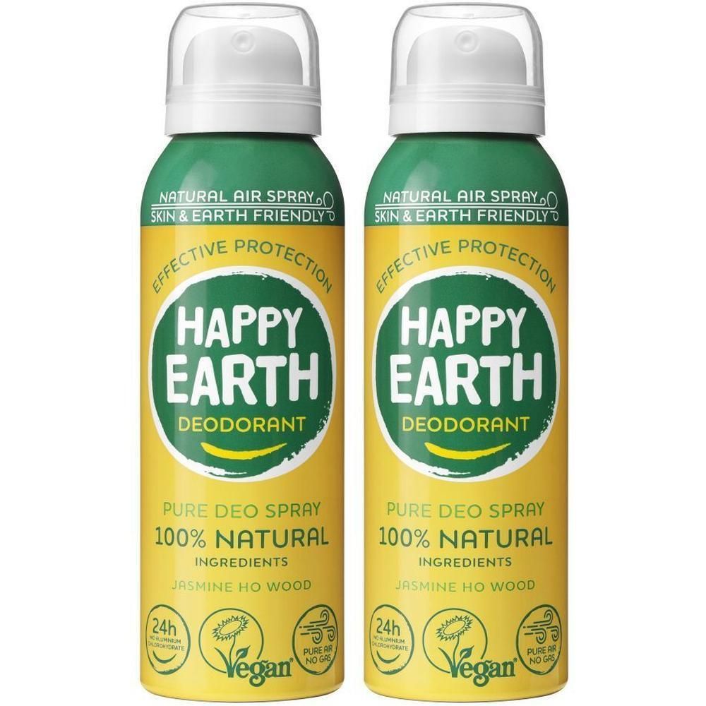 Deux sprays déodorants Happy Earth, 100% naturels, parfum Jasmin & Ho Wood.