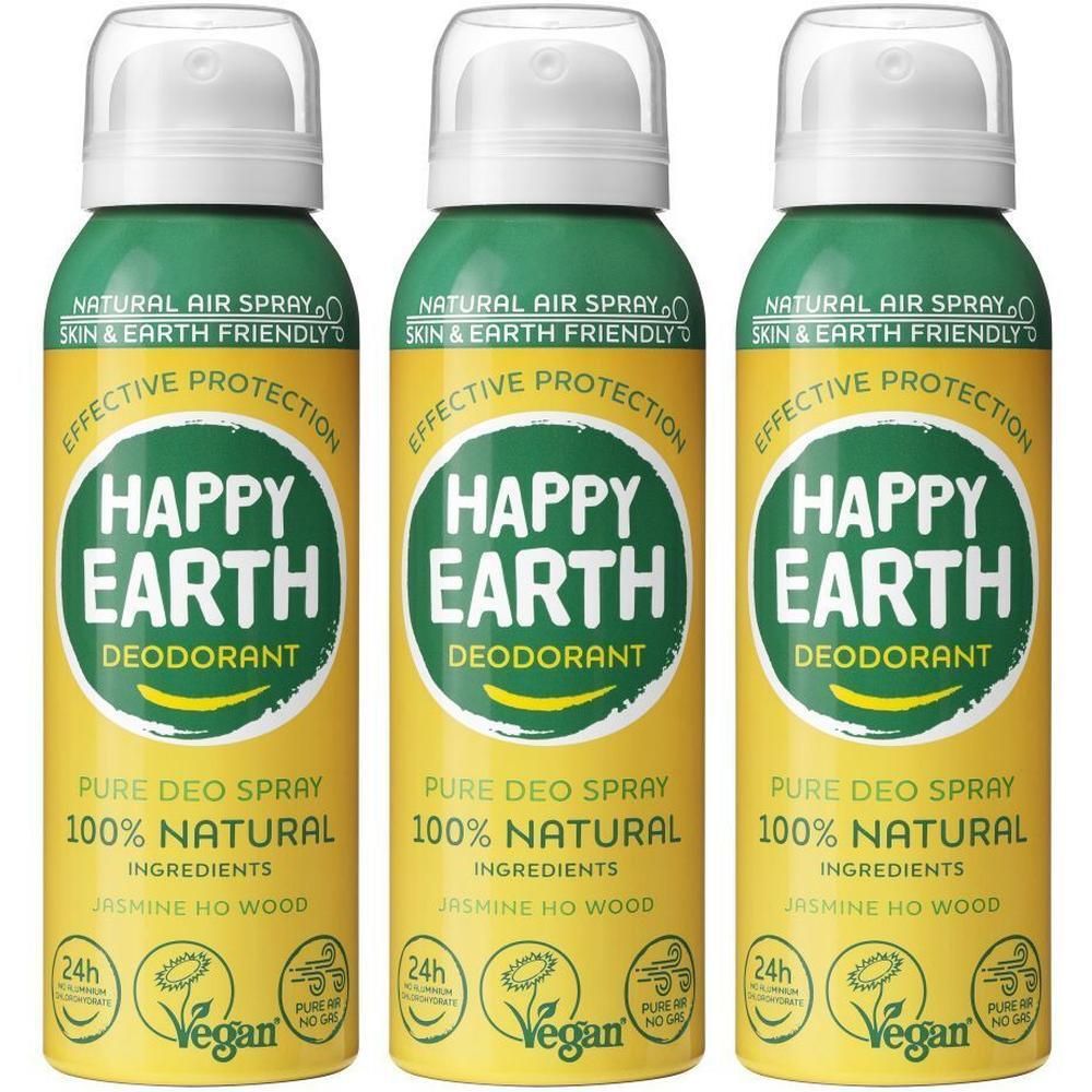 Trois sprays déodorants Happy Earth, 100% naturels, Jasmin & Ho Wood.