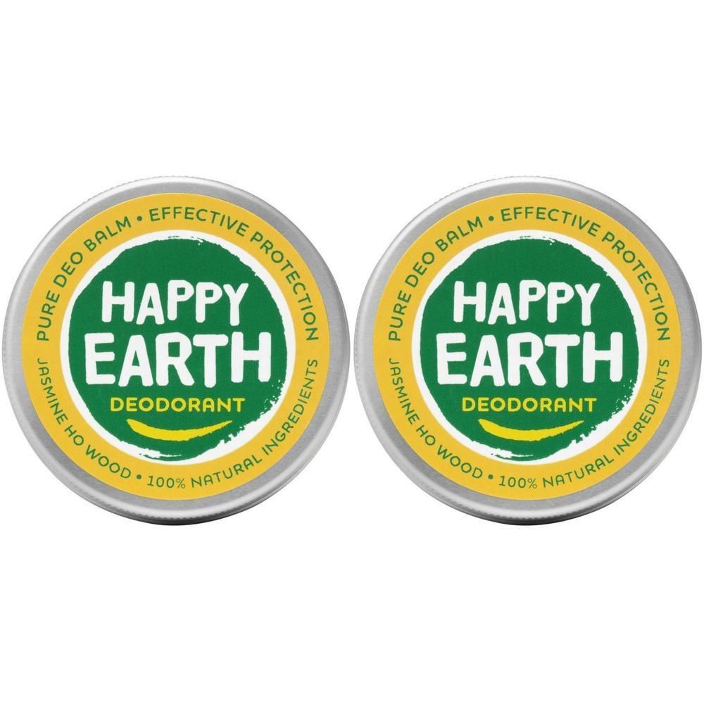 Deux boîtes rondes de déodorant Happy Earth au jasmin et bois de Hô. Ingrédients 100% naturels.