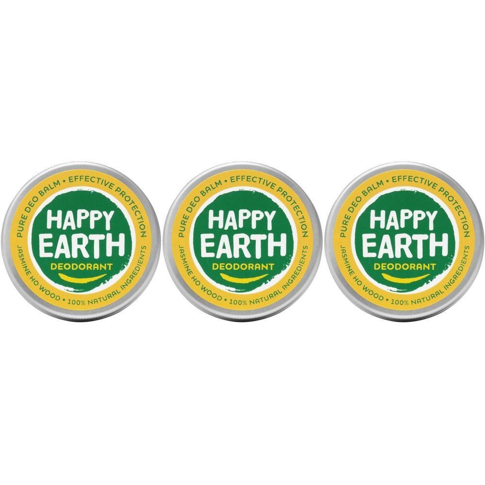Trois boîtes rondes en métal contenant du déodorant Happy Earth. Étiquettes vertes et jaunes avec informations produit.