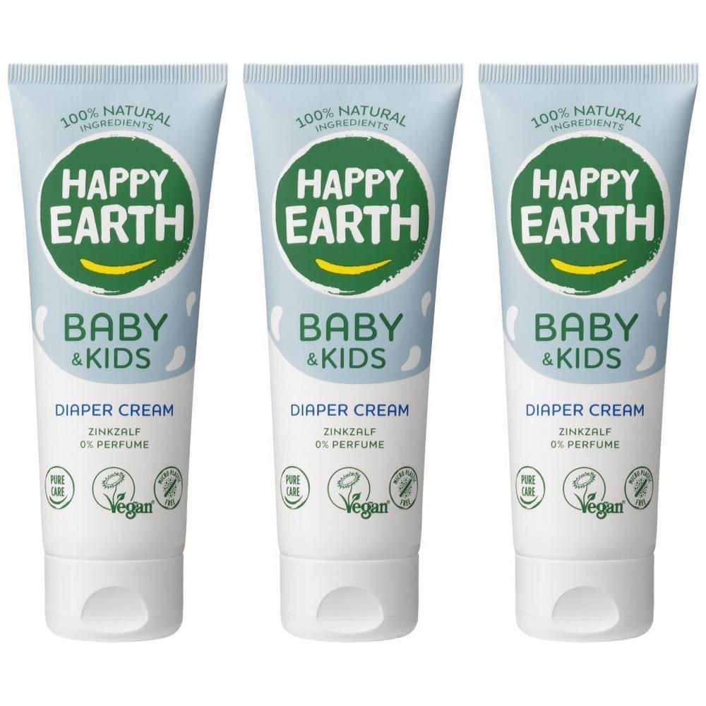Drie tubes Happy Earth Baby & Kids luiercrème. 100% natuurlijke ingrediënten, zinkzalf, 0% parfum.