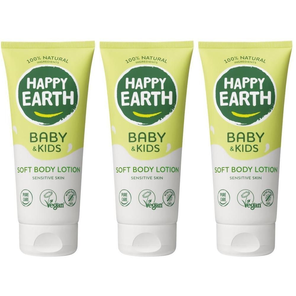 Drie tubes HAPPY EARTH Baby & Kids Soft Body Lotion voor gevoelige huid. 100% natuurlijk.