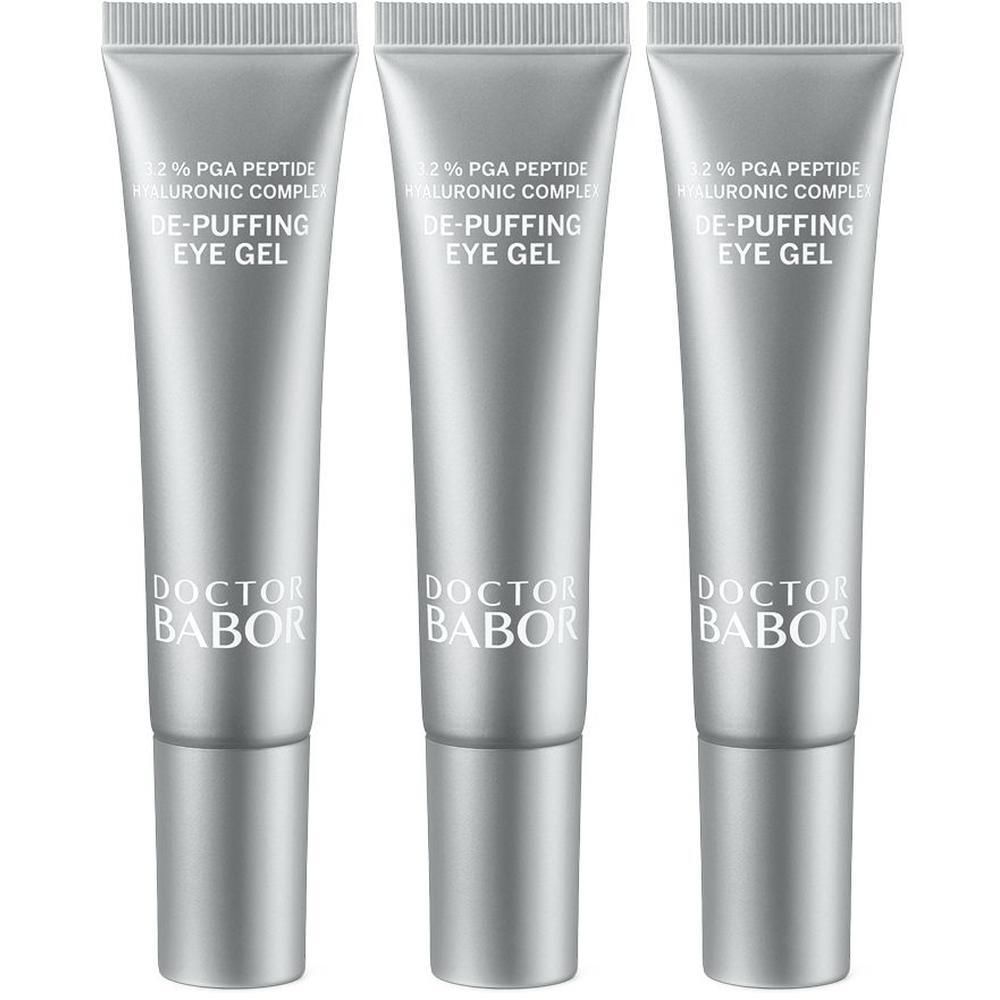 Trois tubes argentés de Gel Yeux Décongestionnant Doctor Babor. Chaque tube affiche la marque et les informations produit.
