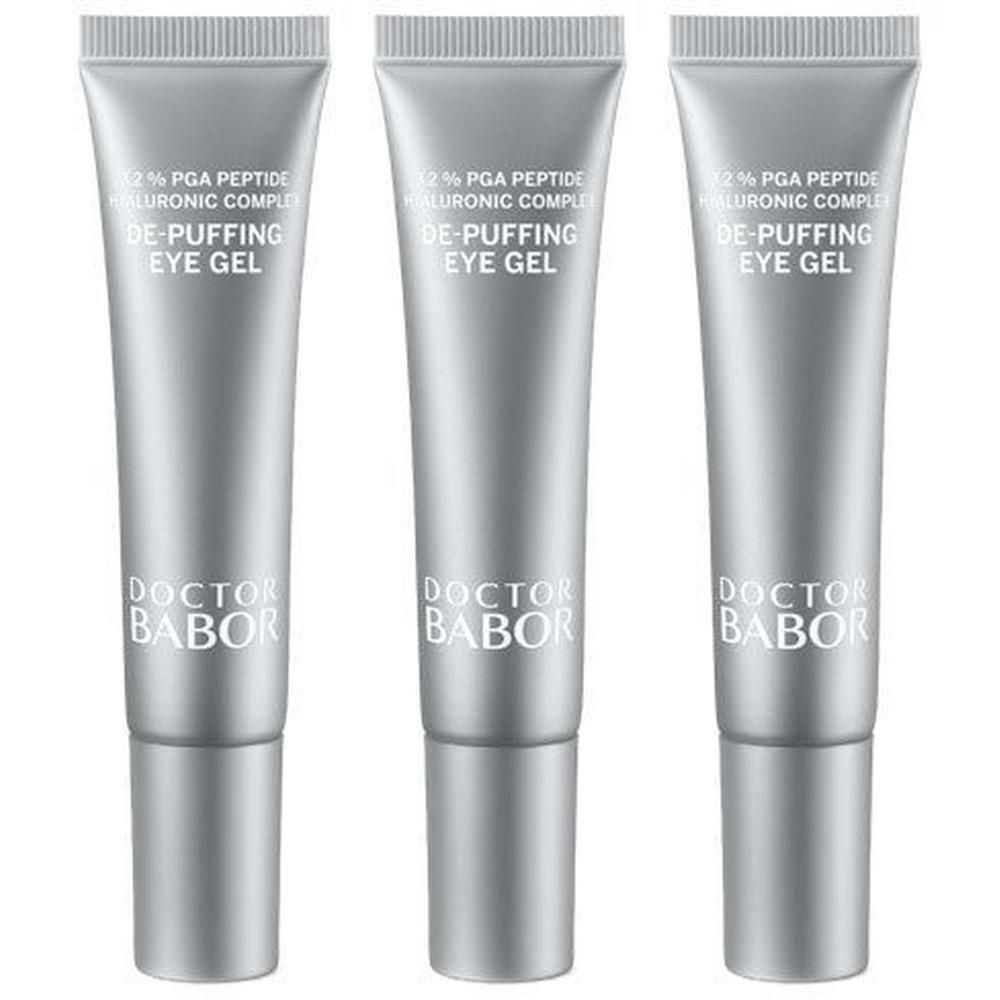 Drie zilverkleurige tubes met Doctor Babor De-Puffing Eye Gel. Elke tube toont de merknaam en productinformatie.