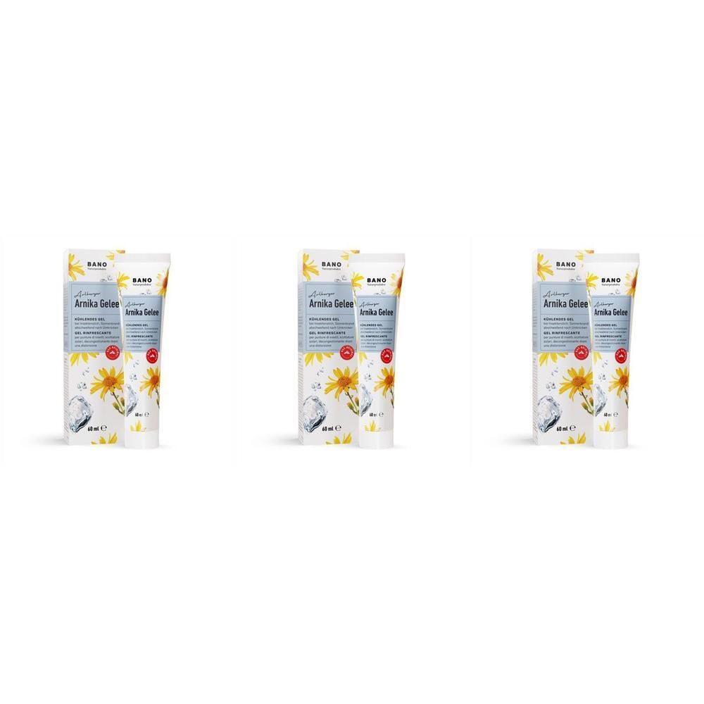 Drie tubes Bano Arnica Gelée met arnicabloemen en ijsmotieven.