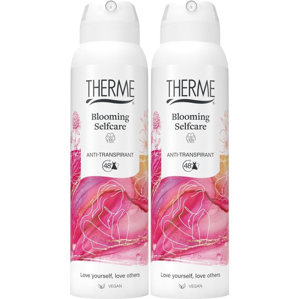 Deux flacons d'anti-transpirant Therme Blooming Selfcare, protection 48h.