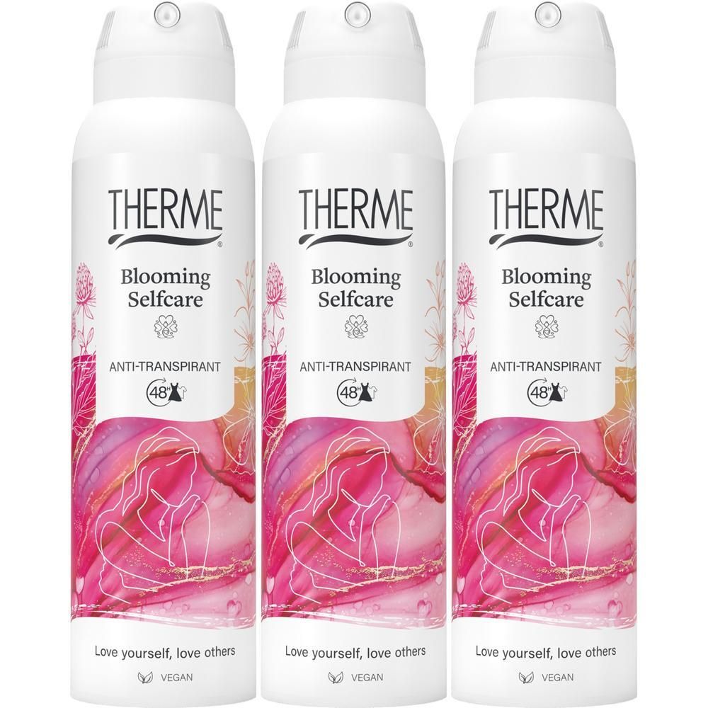 Trois aérosols blancs de Therme Blooming Selfcare Anti-Transpirant.