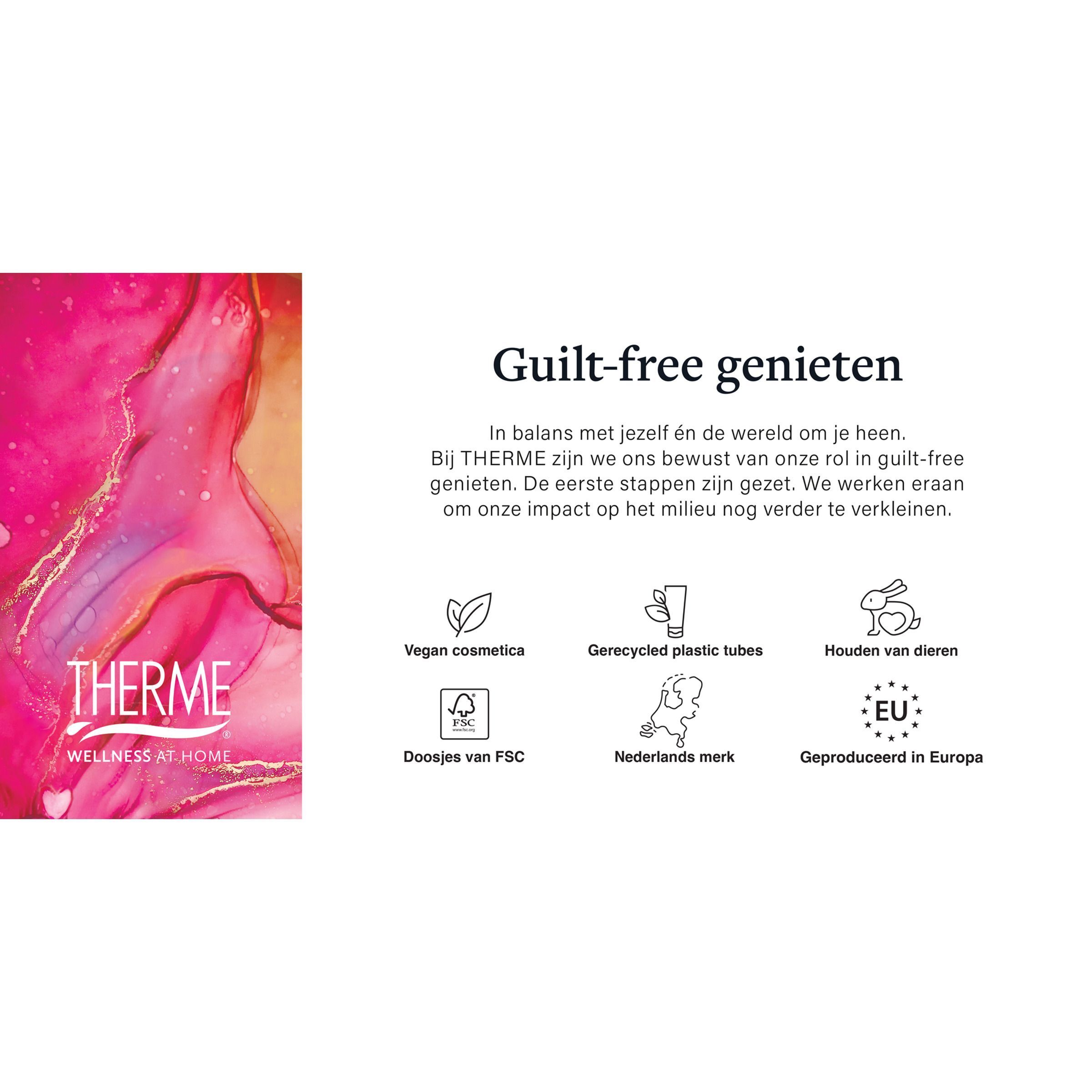 Tekst en iconen die vegan cosmetica en gerecyclede verpakkingen voorstellen.