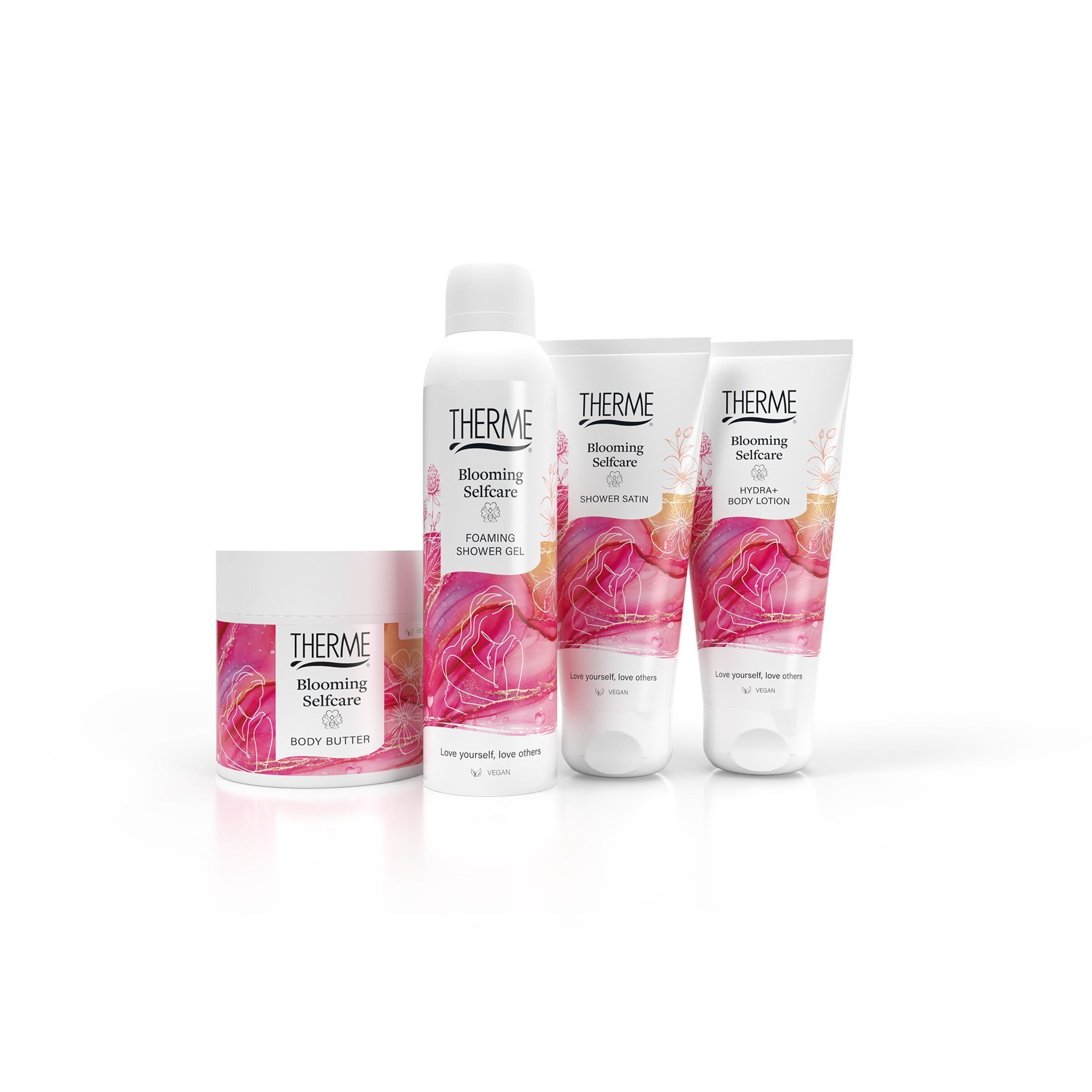 Vier witte containers van de Therme Blooming Selfcare verzorgingslijn.