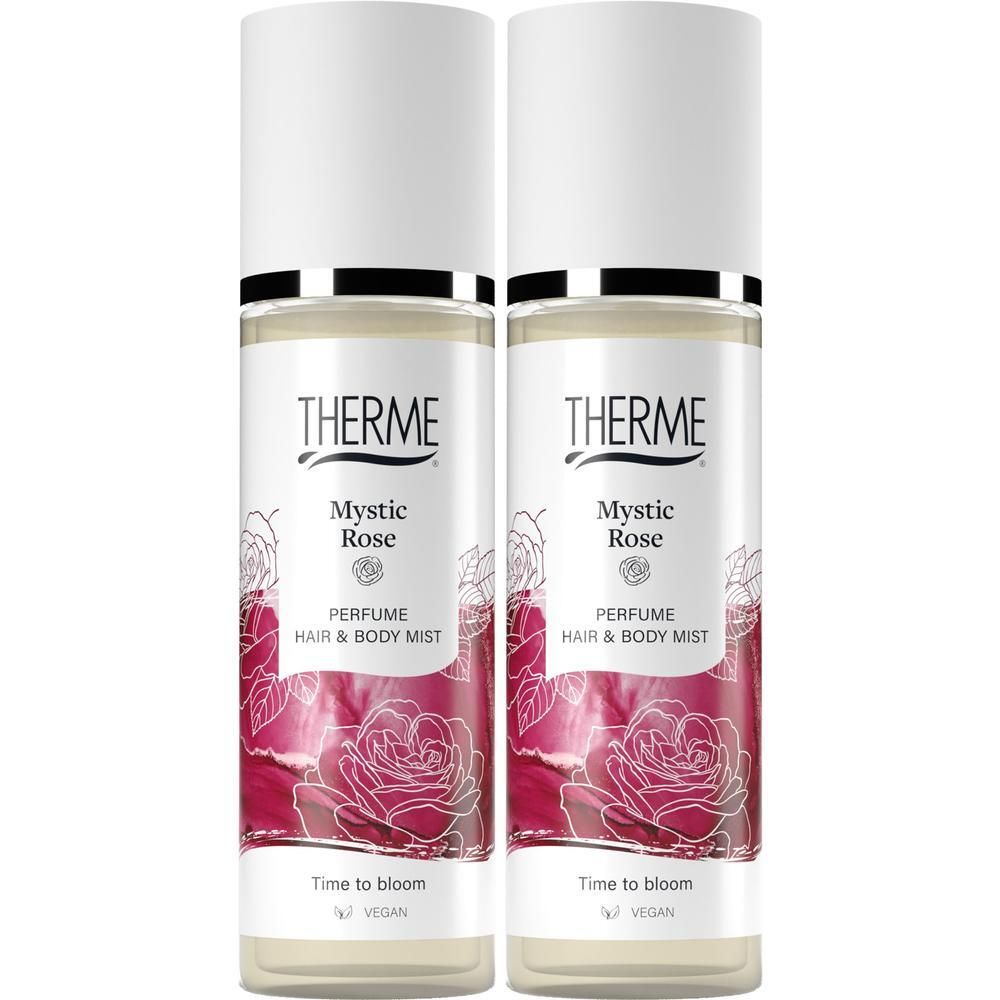 Twee flessen Therme Mystic Rose Parfum Haar & Body Mist met rozenprint.