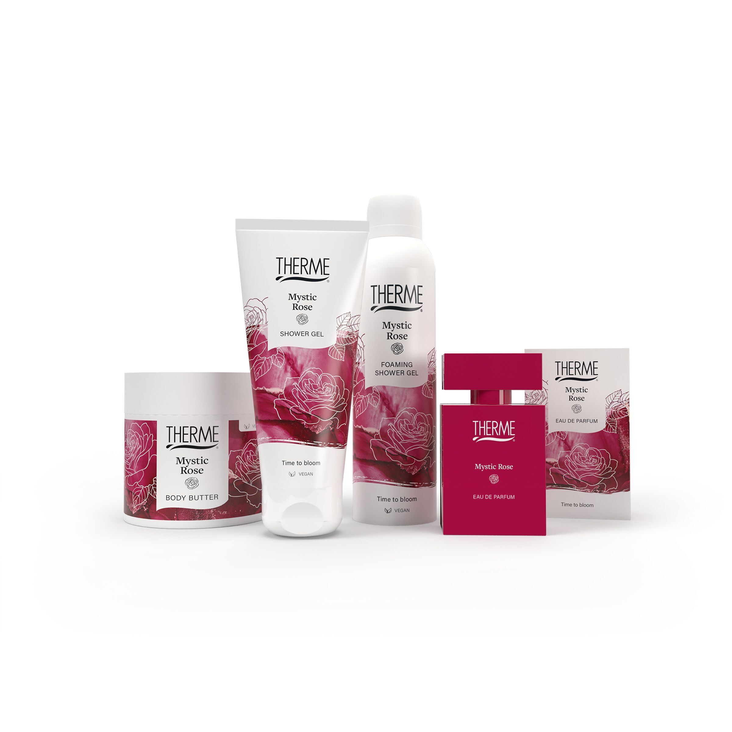 Vijf Therme Mystic Rose producten: body butter, douchegel, haar- en body mist, parfum en doosje.