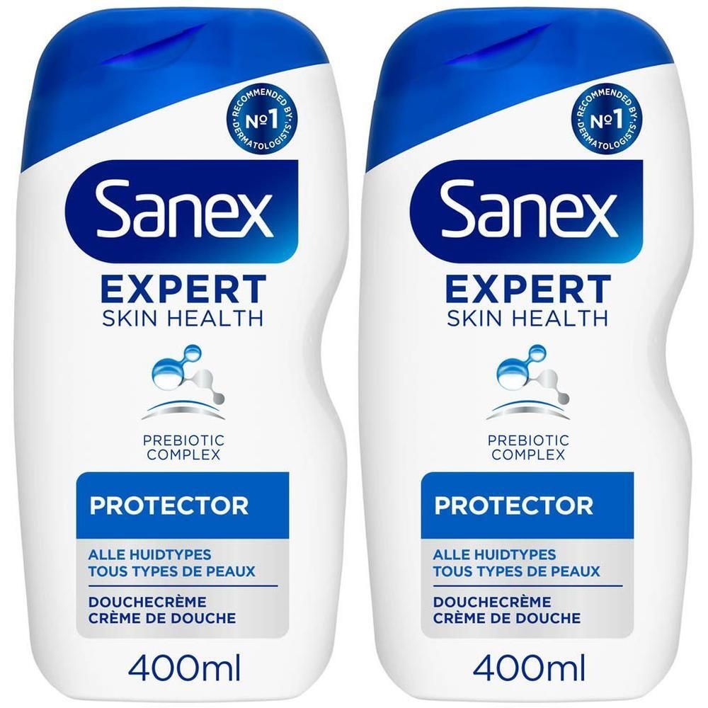 Deux flacons de Sanex Expert Douche Crème Protector avec Complexe Prébiotique.
