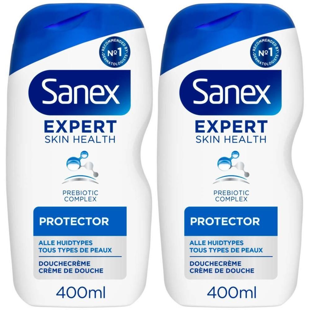 Twee flessen Sanex Expert Douchecrème Protector met Prebiotica Complex.