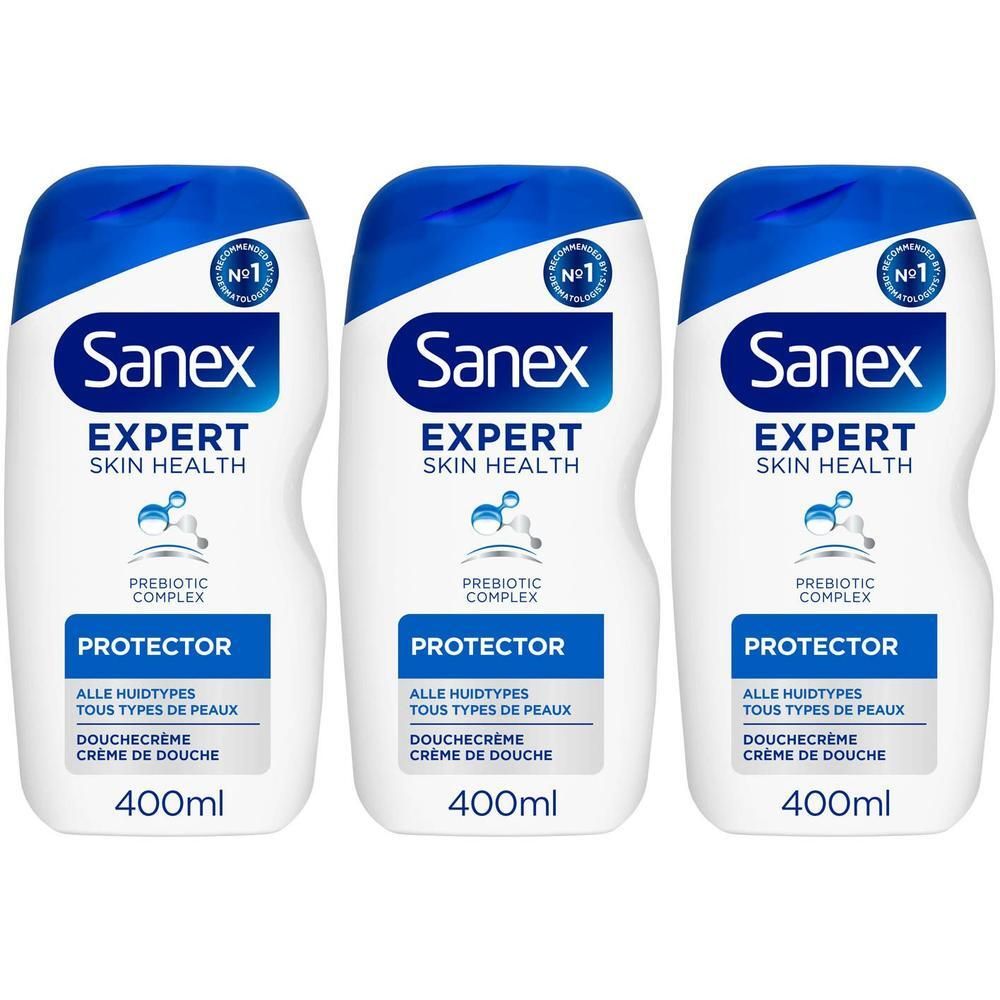 Trois flacons de Sanex Expert Douche Crème Protector Prébiotique.