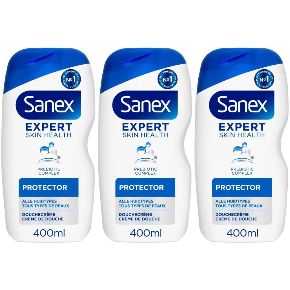 Drie flessen Sanex Expert Douchecrème Protector met Prebiotica.