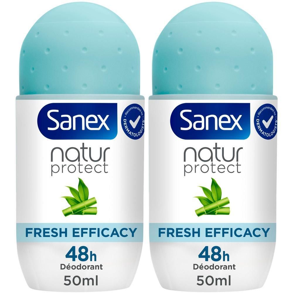 Deux déodorants roll-on Sanex Natur Protect à l'extrait de bambou, protection 48h.