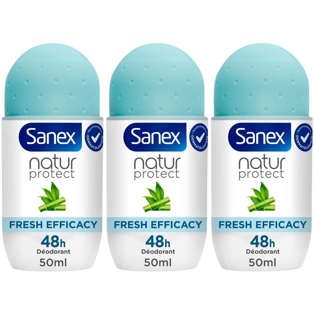 Trois déodorants roll-on Sanex Natur Protect à l'extrait de bambou.