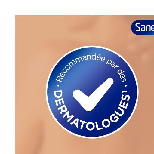 Déodorant Sanex : Recommandé par les dermatologues, avec symbole coche.