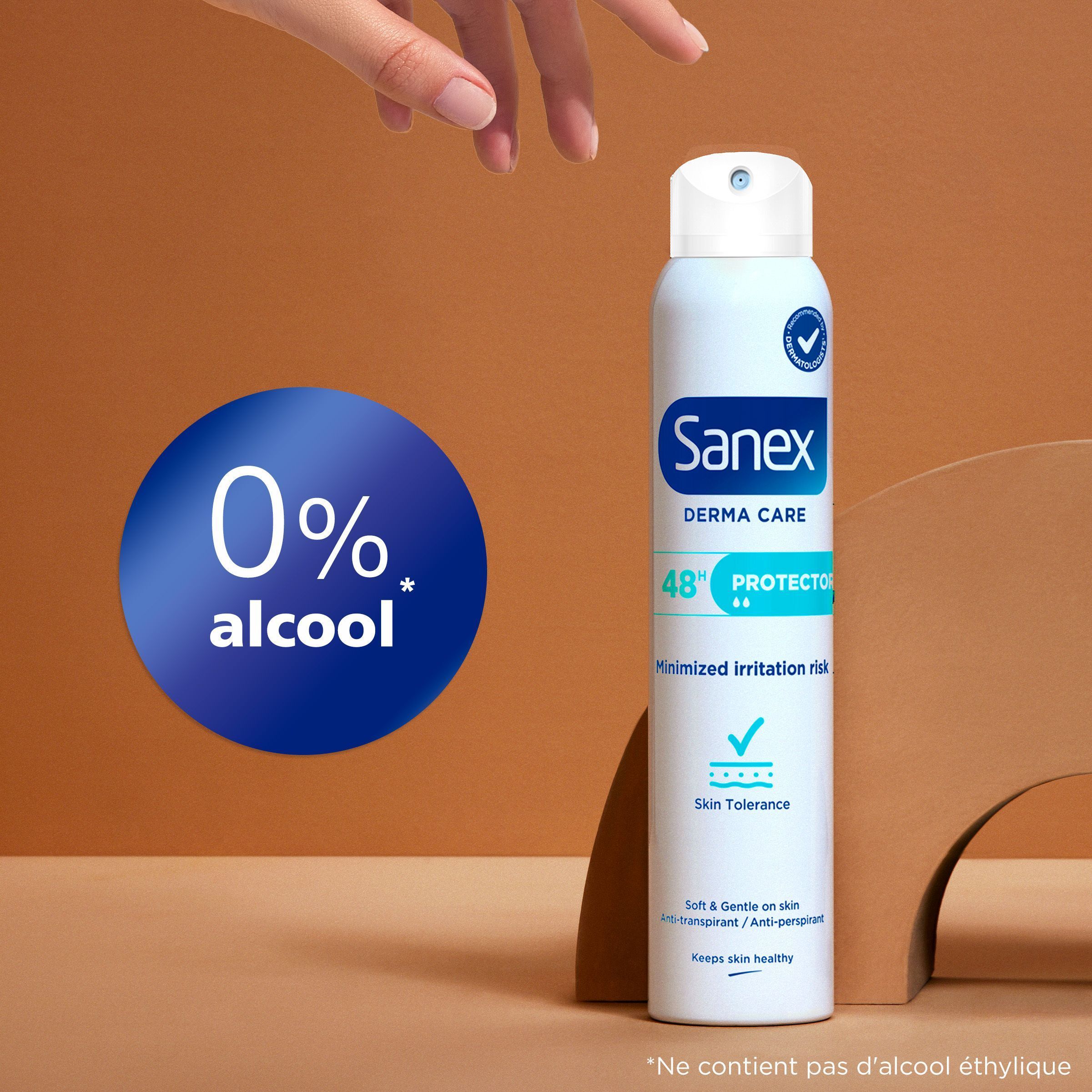 Sanex Derma Care Protector : 0% alcool, risque d'irritation minimisé.