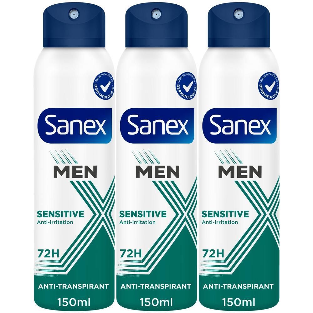 Trois sprays Sanex Men Sensitive 72h Anti-transpirant.