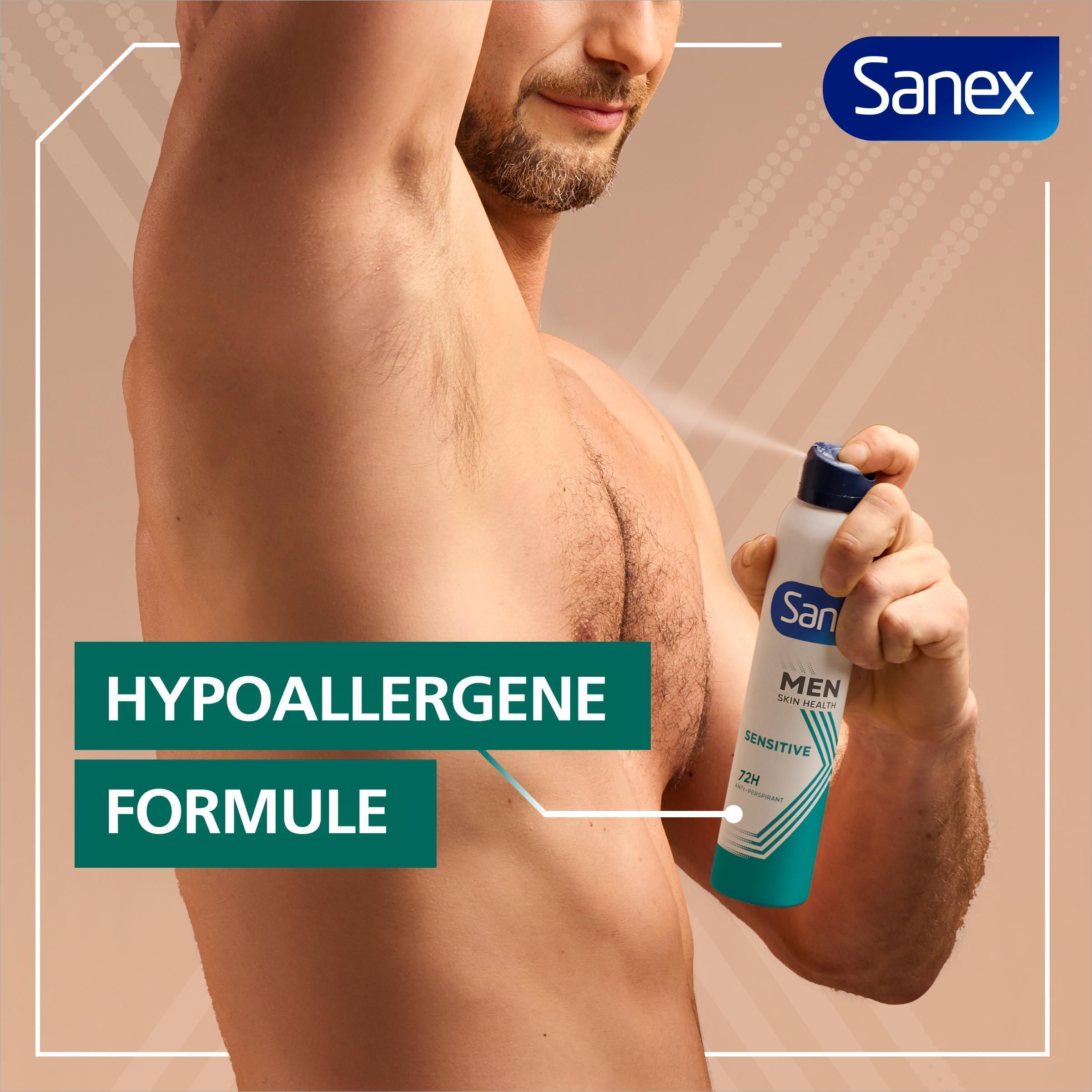 Man die Sanex Men Sensitive 72h hypoallergene spray gebruikt.