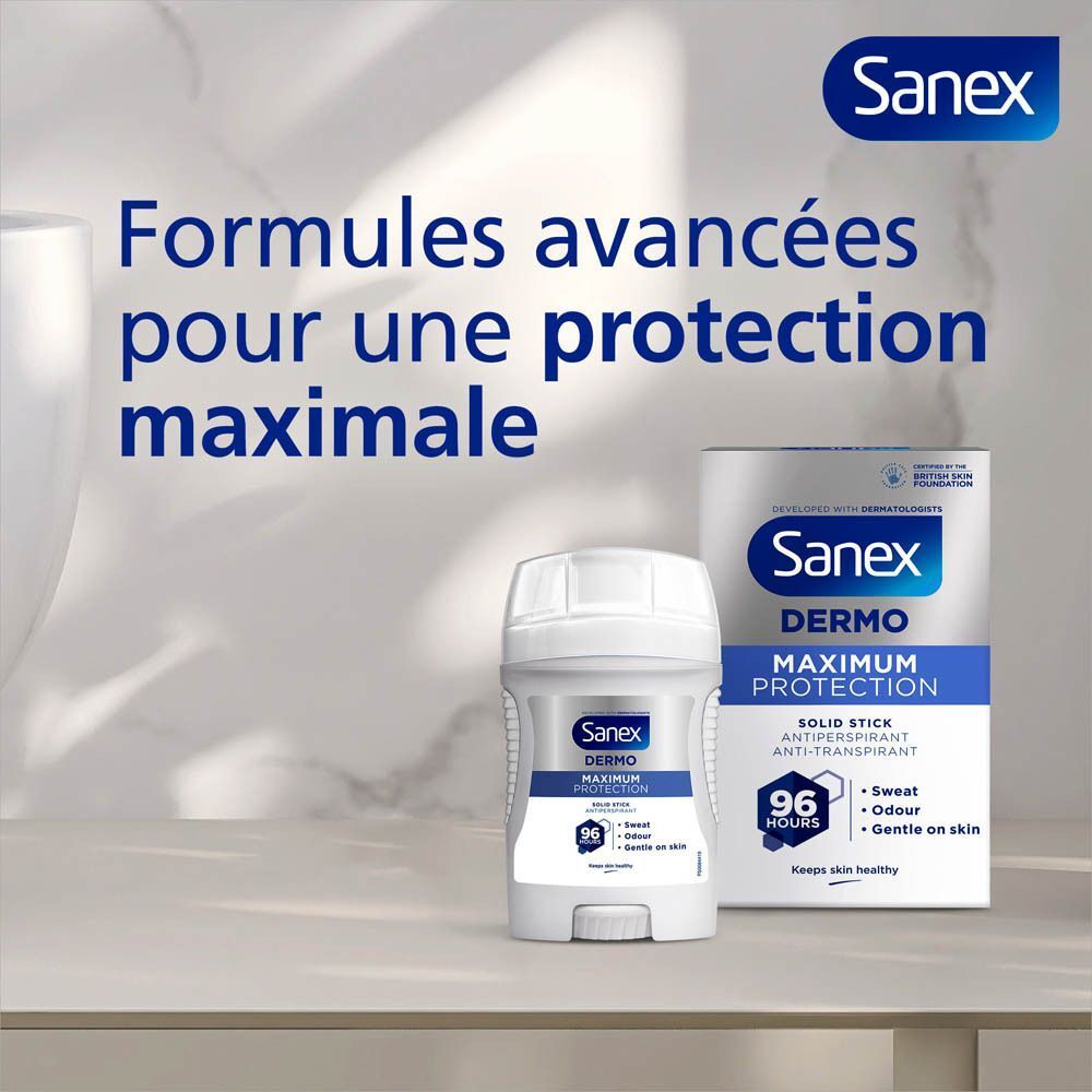 Sanex Dermo Déodorant Stick avec emballage. Formule pour une protection maximale.