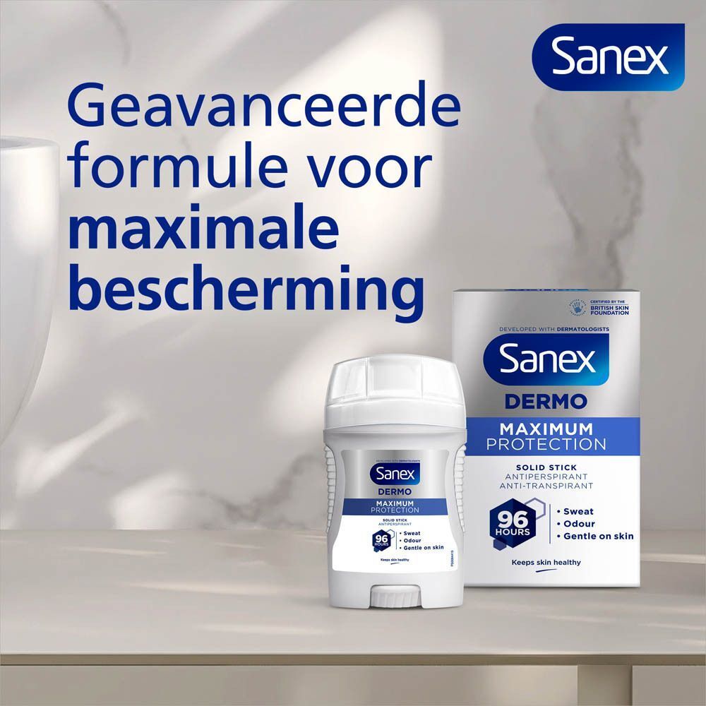 Sanex Dermo Deodorant Stick met verpakking. Geavanceerde formule voor maximale bescherming.