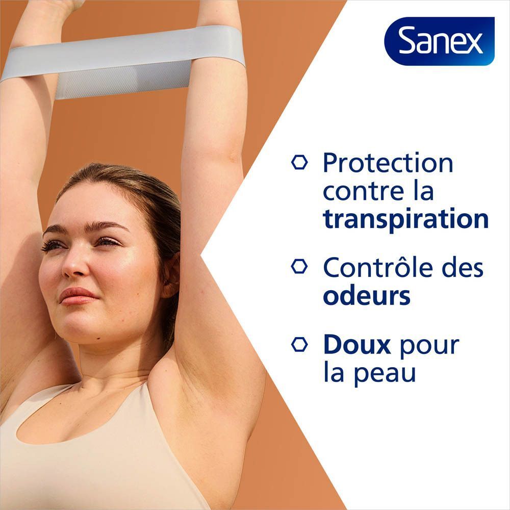 Femme avec Sanex Dermo Déodorant Stick. Protection contre la transpiration, contrôle des odeurs, doux pour la peau.