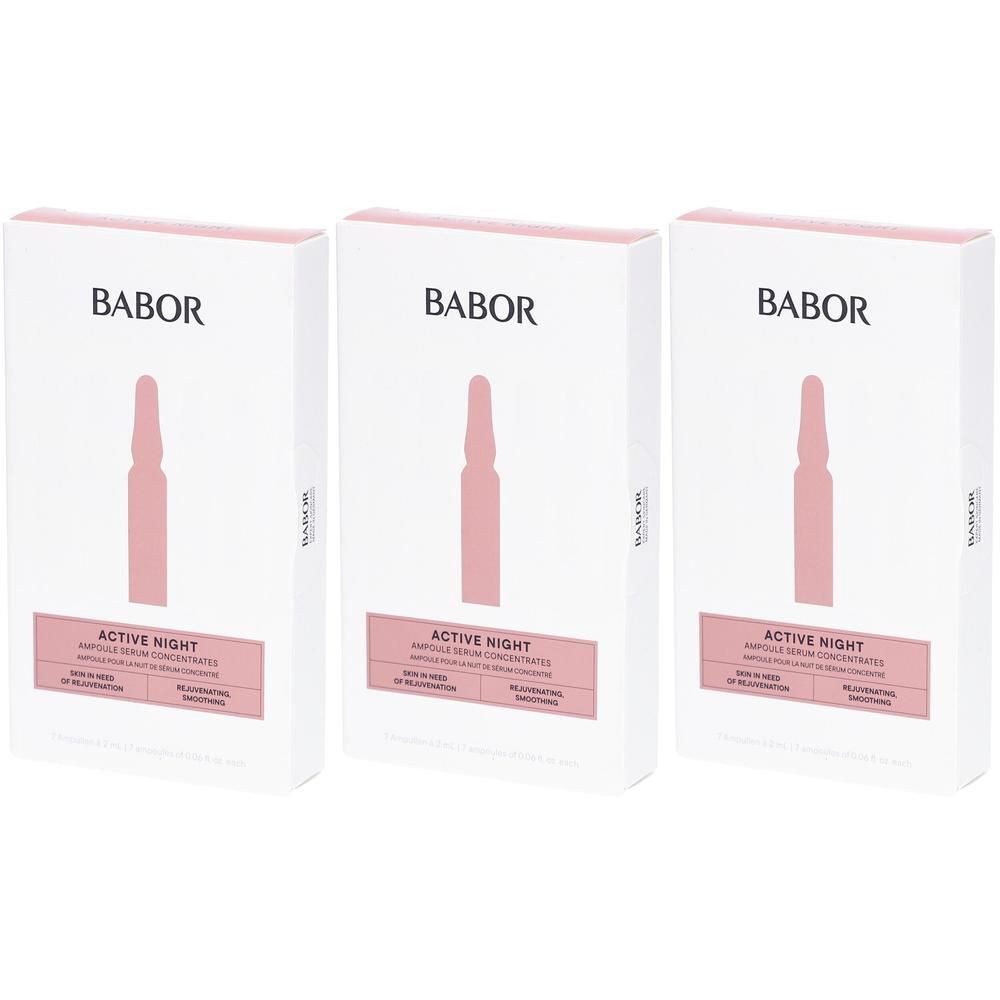 Trois concentrés de sérum en ampoules Babor Active Night dans un emballage blanc avec un symbole d'ampoule rose.