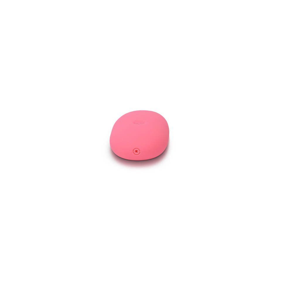 Een roze, eivormige vibrator met een oplaadpoort aan de zijkant.