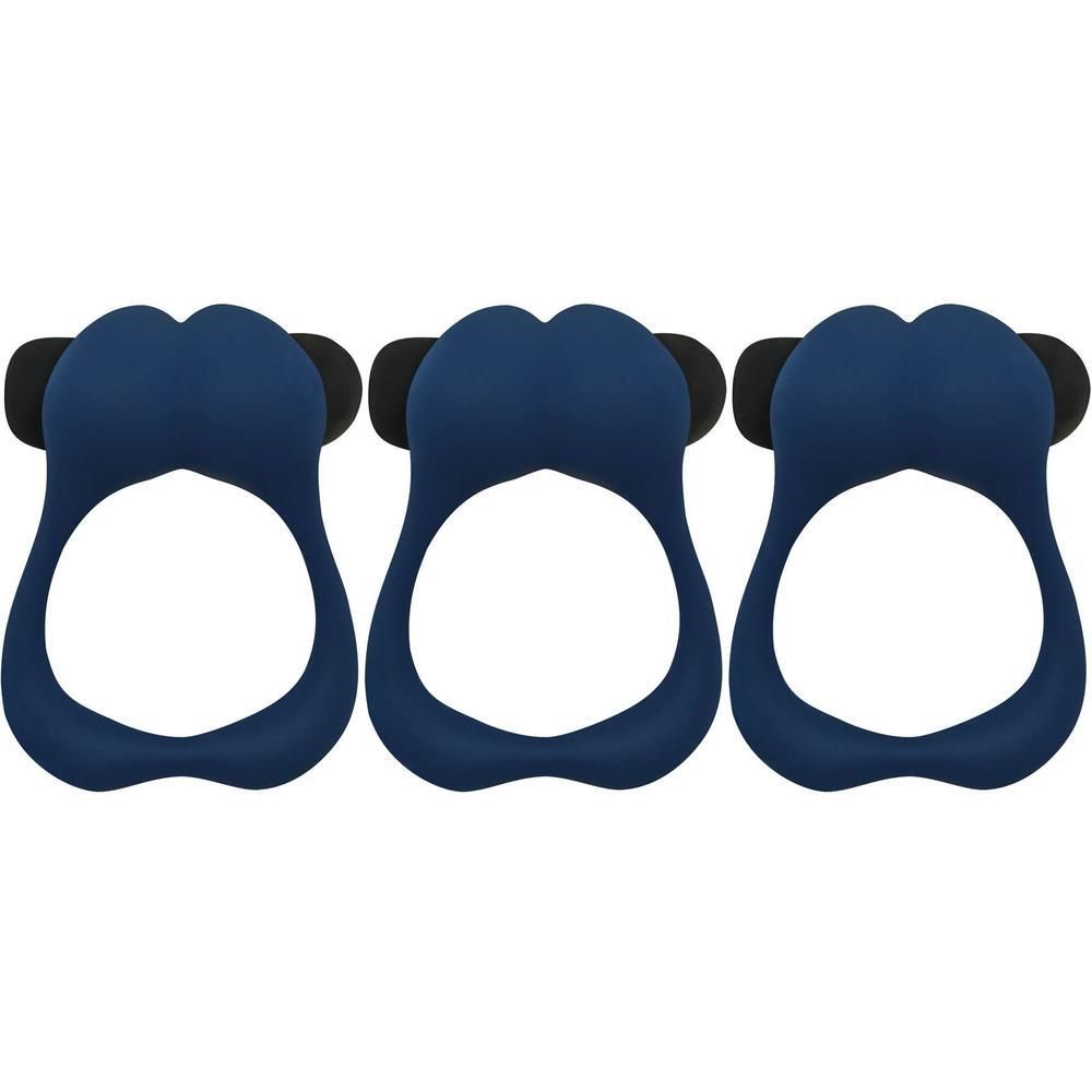 Trois cockrings bleus avec des accents noirs, sur fond blanc.