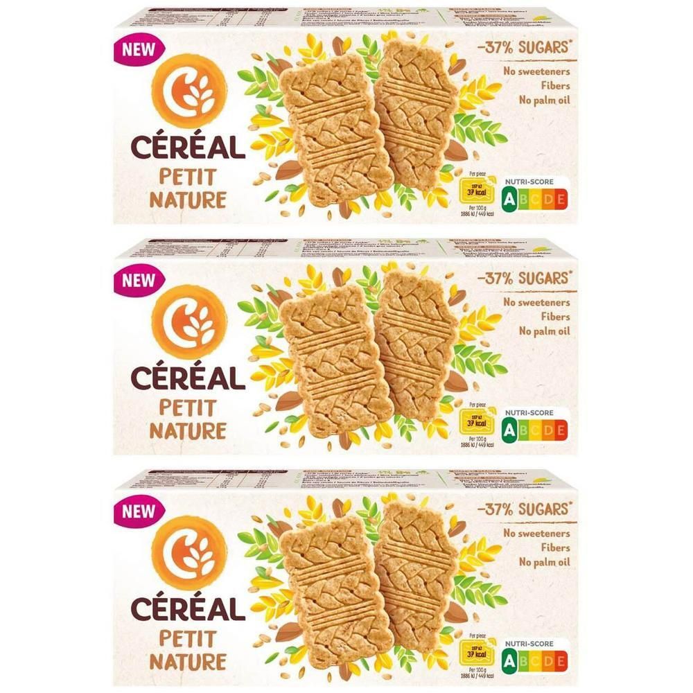 Trois paquets de biscuits Céréal Petit Nature avec motif céréalier et amandes. -37% de sucres.