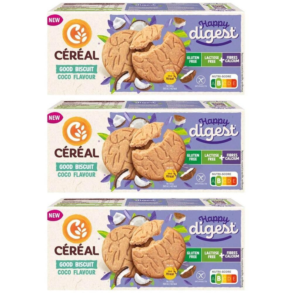 Céréal Happy Digest Good Biscuit Coco : Trois paquets de biscuits à la noix de coco, sans gluten et sans lactose.