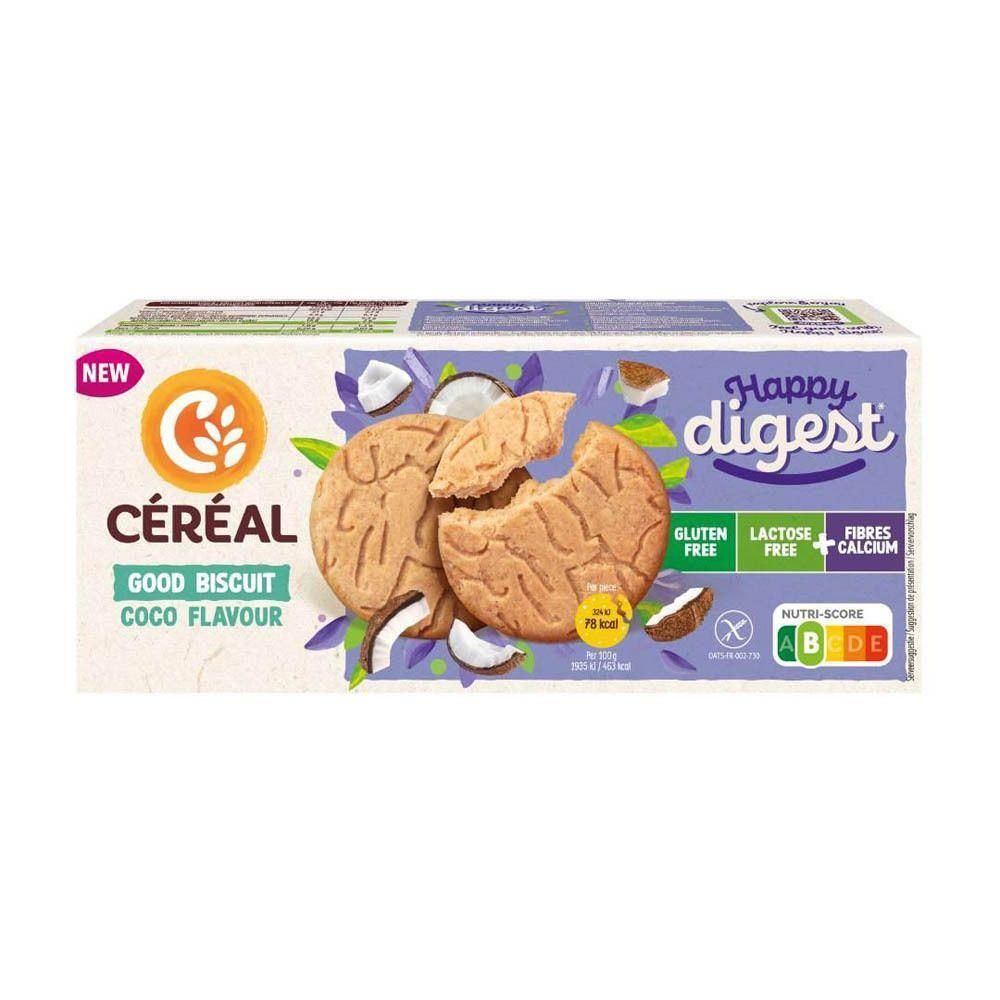 Céréal Happy Digest Good Biscuit Coco : Deux biscuits, dont un cassé, avec des morceaux de noix de coco et des feuilles.