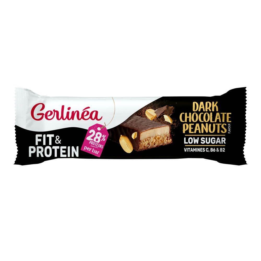 Barre Gerlinéa Fit & Protein: Chocolat noir cacahuète, faible teneur en sucre, 28% de protéines.