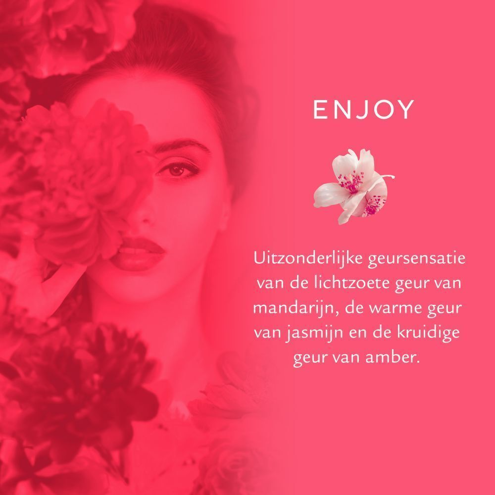 Portret van een vrouw met bloemen en tekst "Enjoy" en geurnoten van mandarijn, jasmijn en amber.