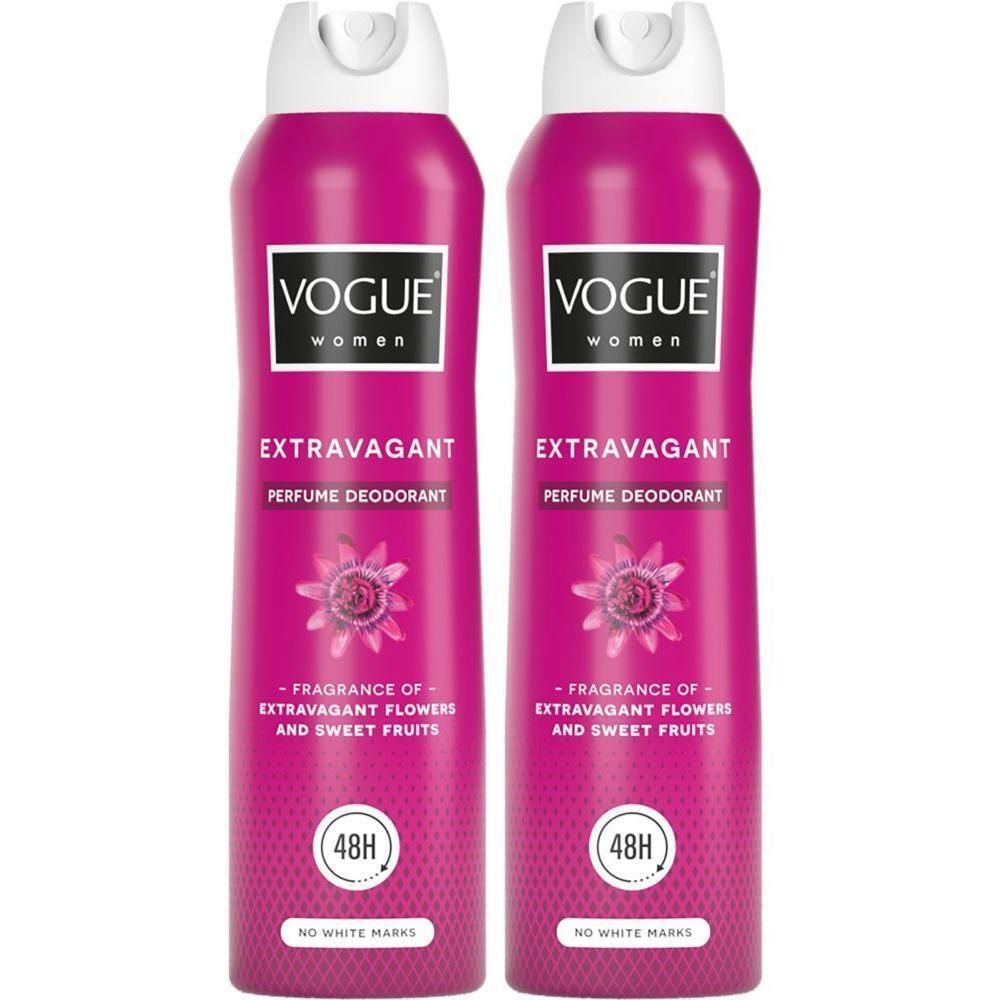 Deux déodorants Vogue Extravagant Parfum roses avec capuchons blancs et motif floral.