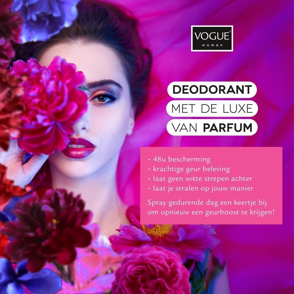 Vrouw met bloemen die reclame maakt voor Vogue Extravagant Parfum Deodorant.