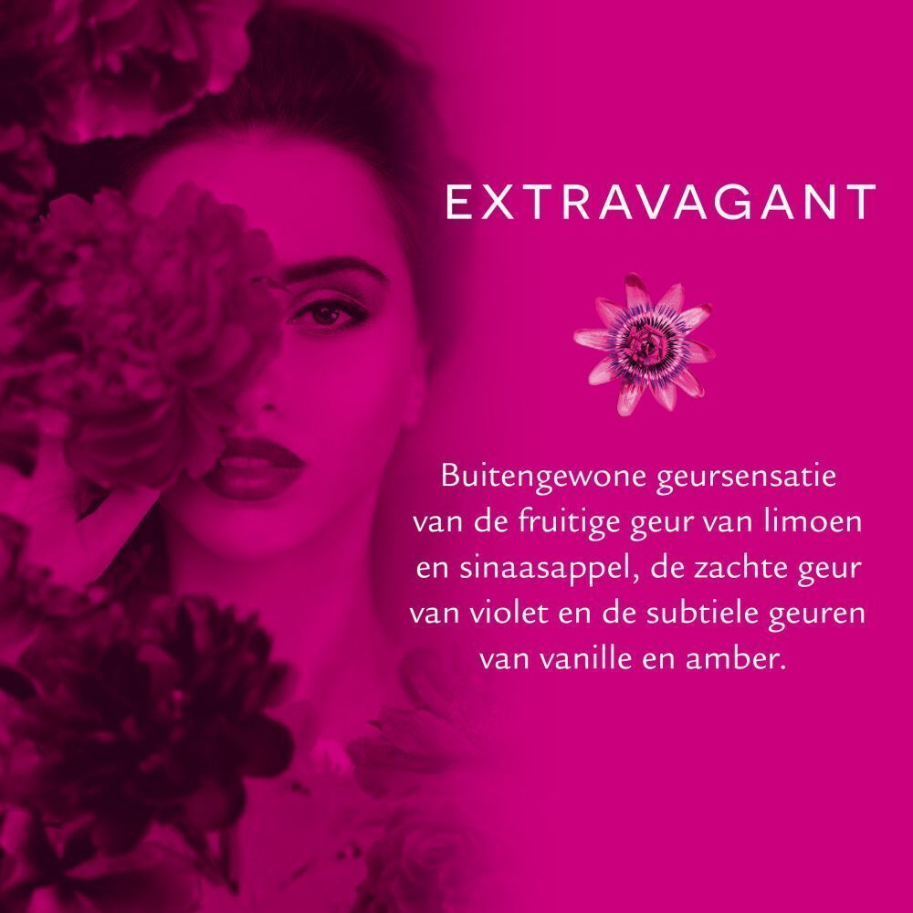 Portret van een vrouw met bloemen, reclame voor Vogue Extravagant Parfum.