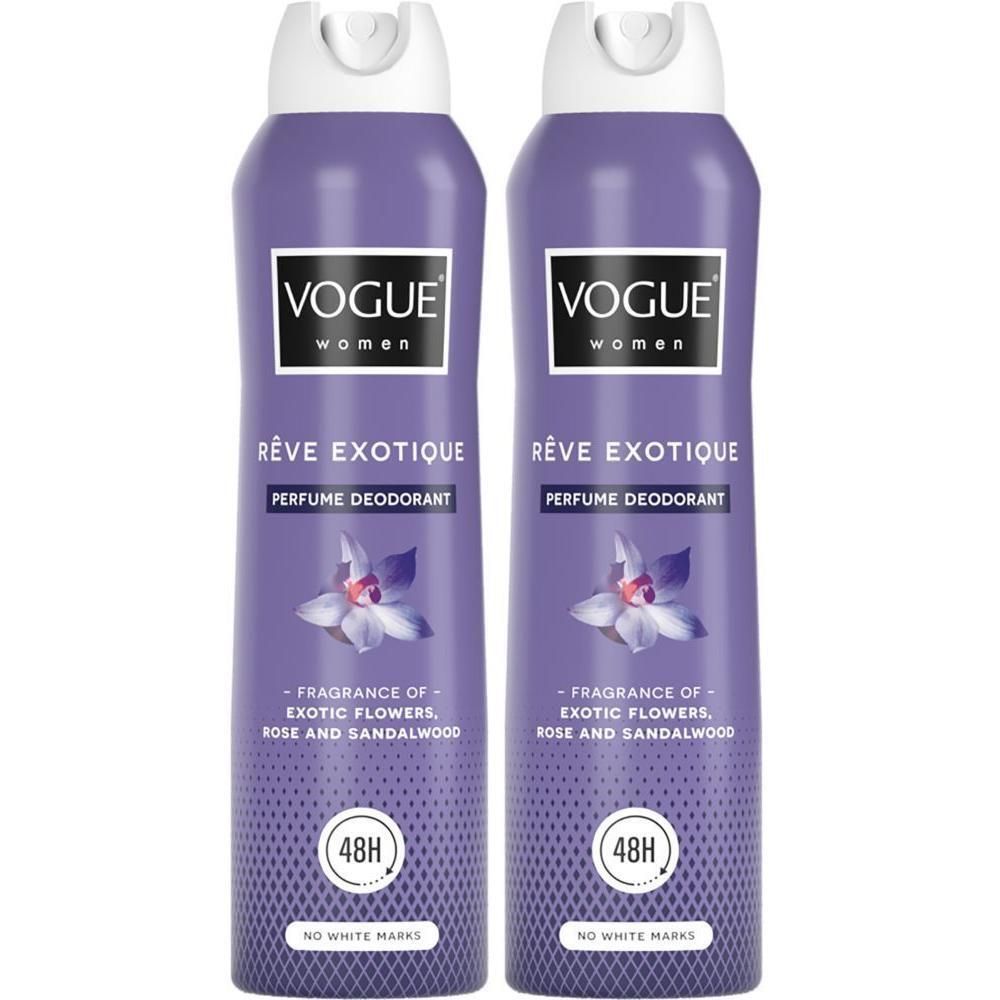 Deux flacons violets de déodorant parfum Vogue Rêve Exotique avec capuchons blancs et design floral.