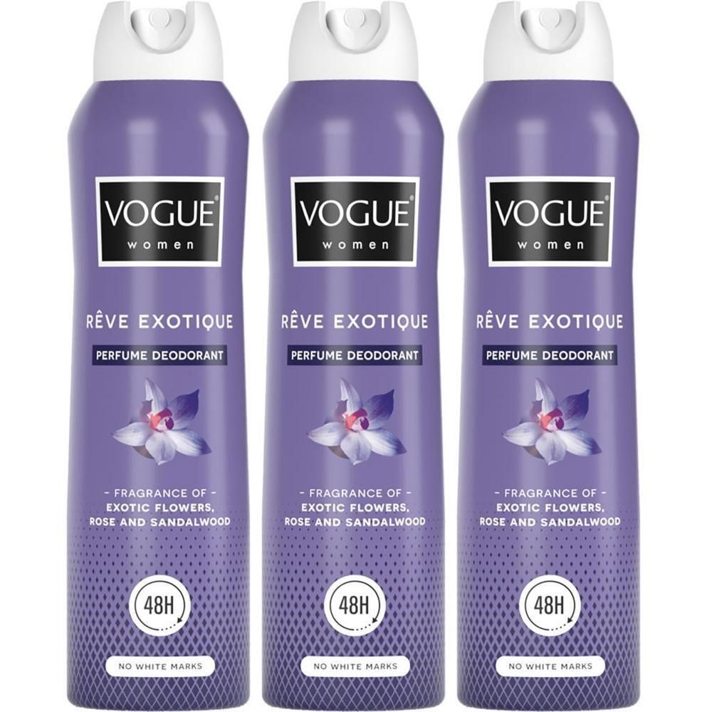 Drie paarse Vogue Rêve Exotique Parfum Deodorant spuitbussen met orchidee-afbeelding.