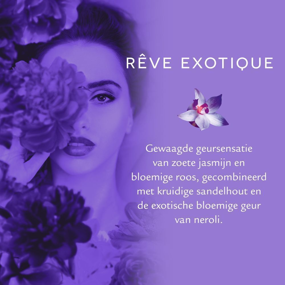Vrouw met exotische bloemen, Rêve Exotique Parfum Deodorant, geurbeschrijving.