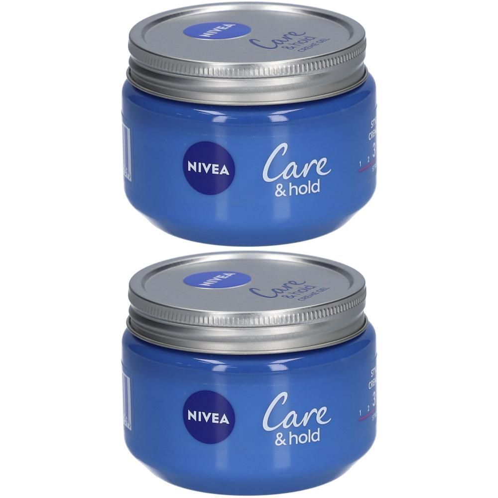 Twee Nivea Care & Hold Styling Crème potjes met blauwe containers en zilveren deksels.