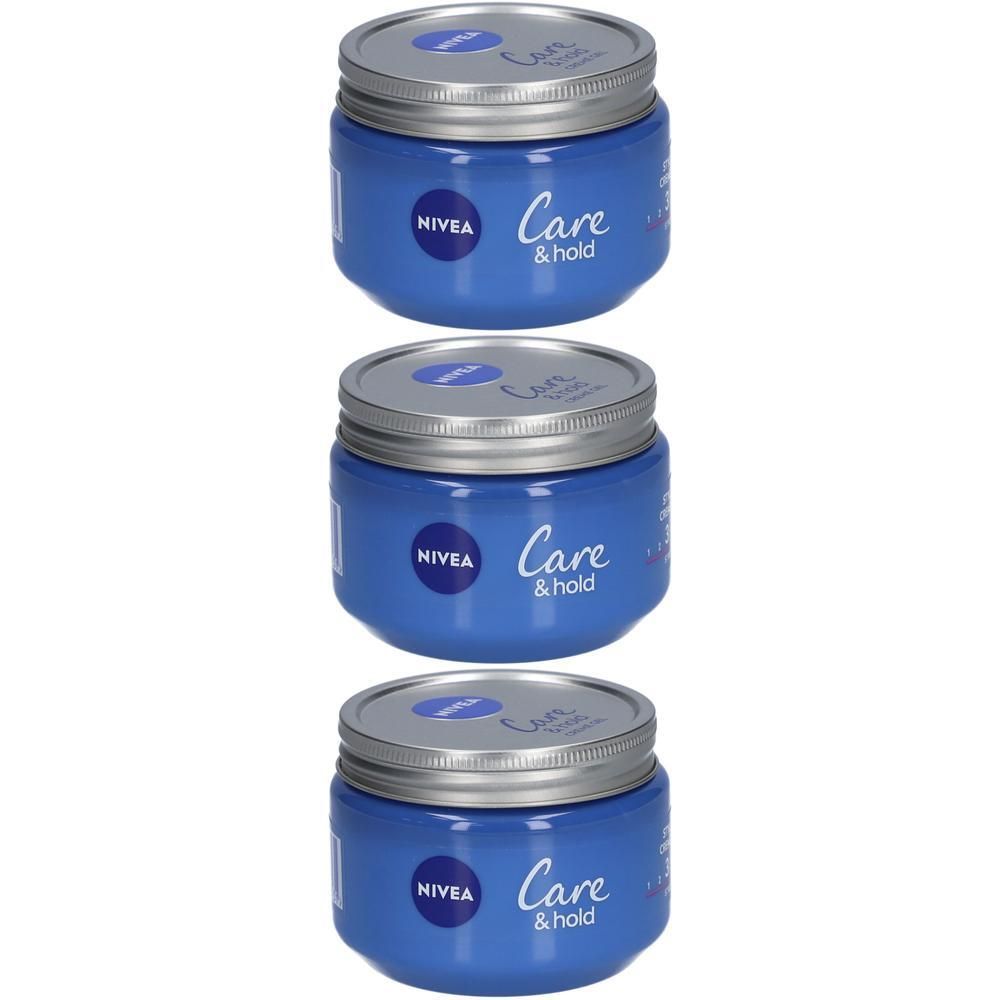 Drie Nivea Care & Hold crème potjes met zilveren deksels.