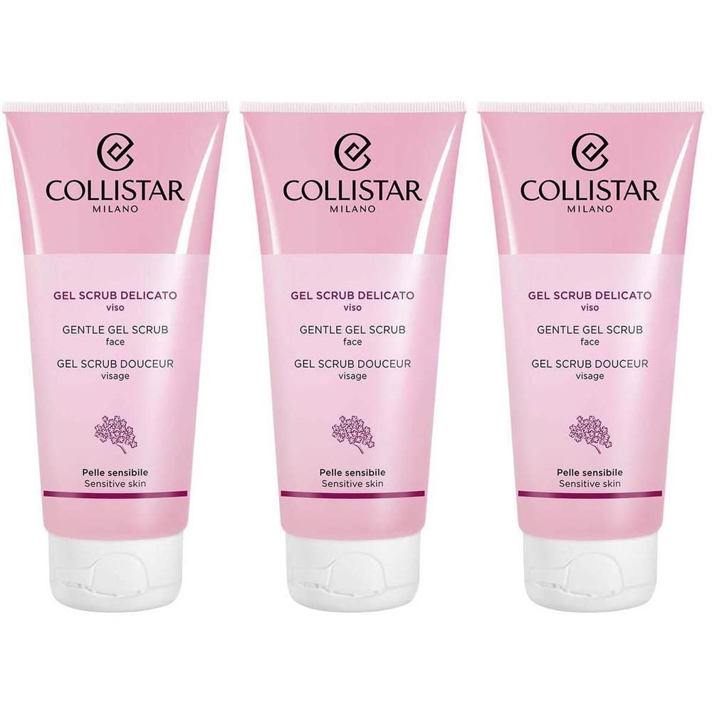 Trois tubes roses Collistar Gentle Gel Scrub Visage pour peaux sensibles.
