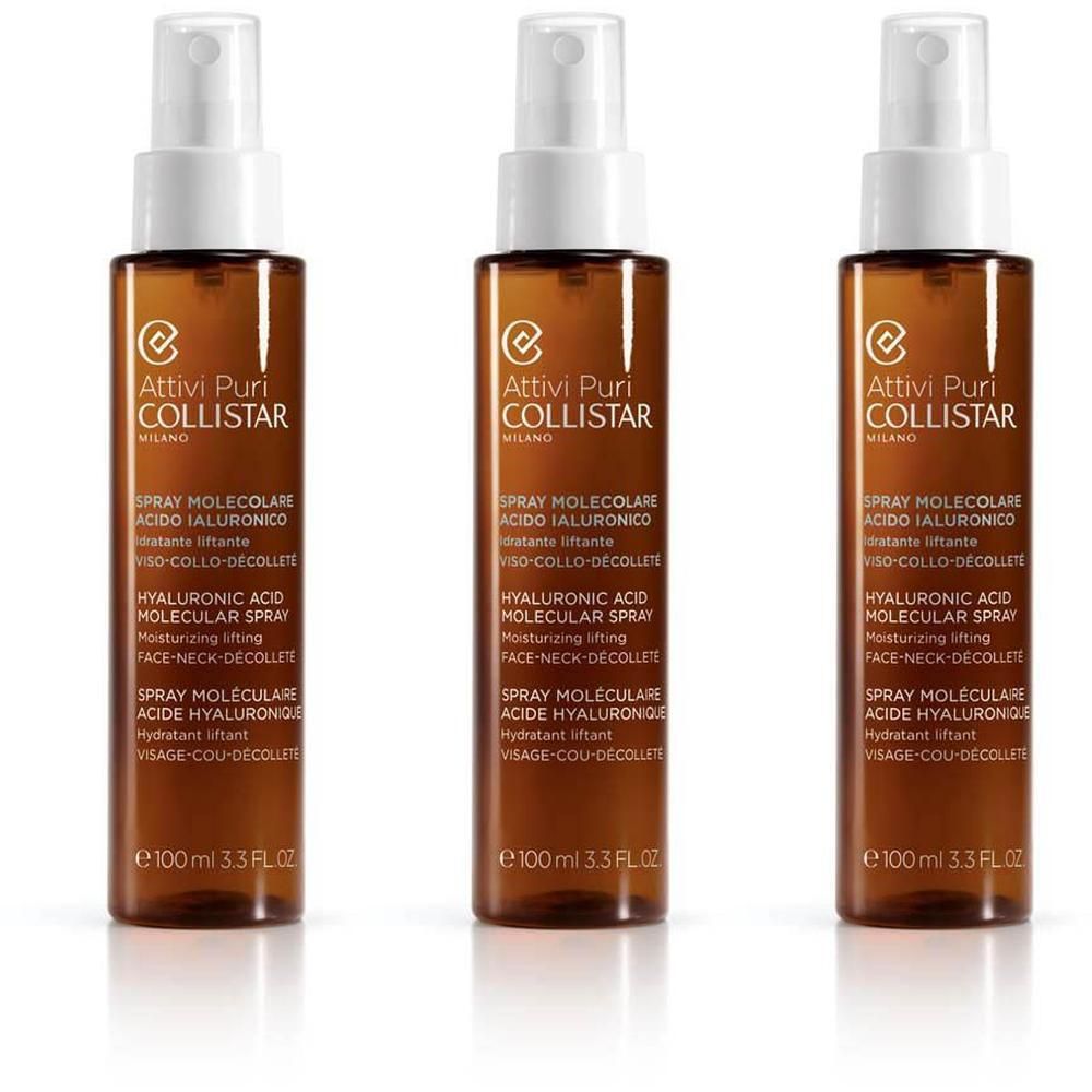 Drie bruine spuitflessen met hyaluronzuur moleculaire spray van Collistar.