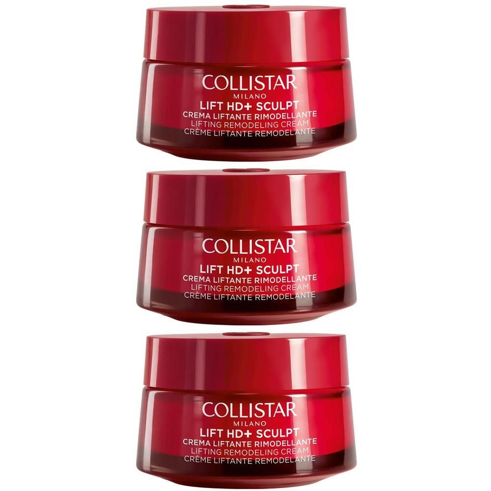 Drie rode potjes met Collistar Lift HD+ Sculpt Lifting Remodeling Cream.