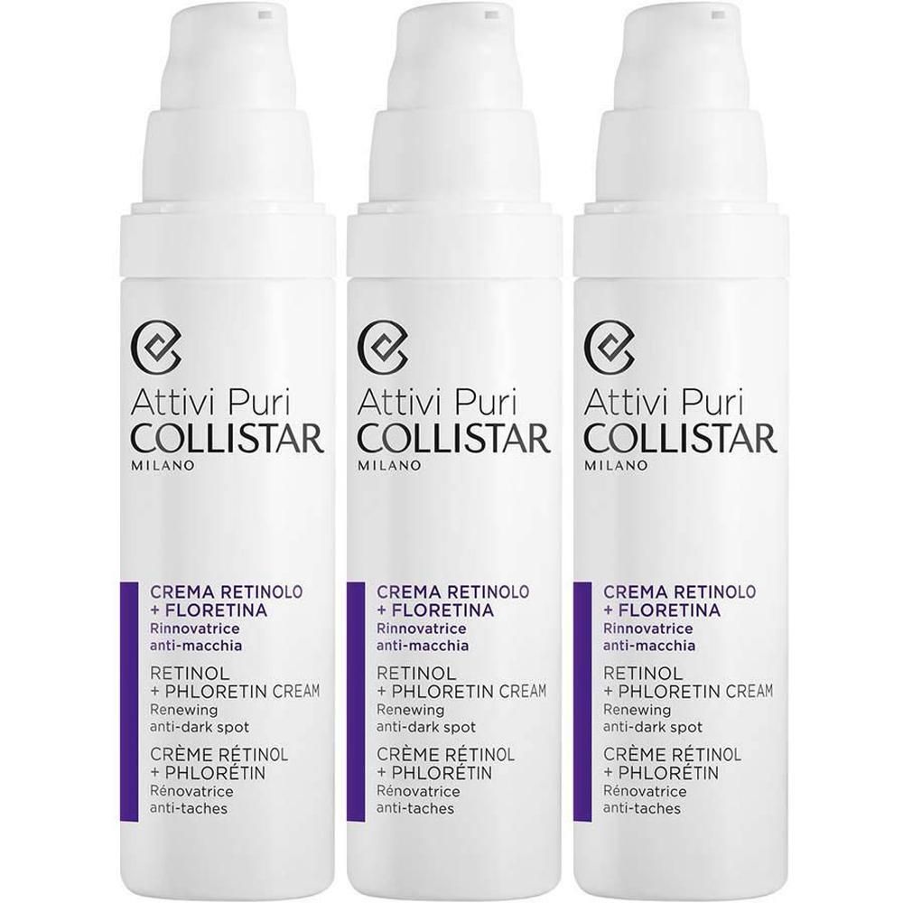 Trois flacons pompe blancs Collistar Crème Rétinol + Phlorétin, pompe sur le dessus.