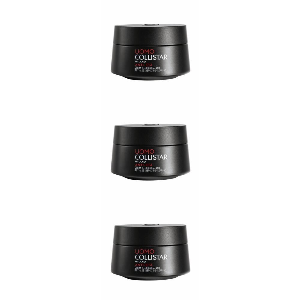 Drie zwarte potjes met Collistar Uomo Anti-Age Energizing Cream-Gel.