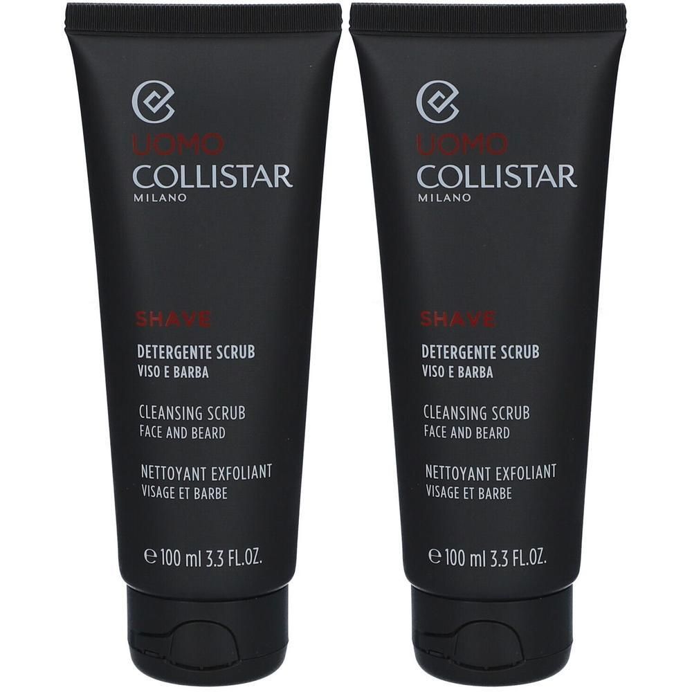 Deux tubes noirs de Collistar Cleansing Scrub pour visage et barbe, 100 ml chacun.